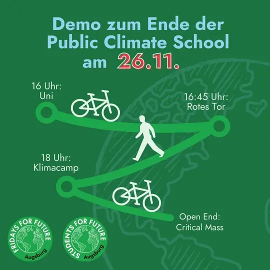 Fahrraddemo am 26.11.: Start 16:00 Uhr Uni, Zwischenziel 16:45 Uhr Rotes Tor, von dort zu Fuß zum Klimacamp, um 18:00 Uhr dann Critical Mass mit dem Fahrrad